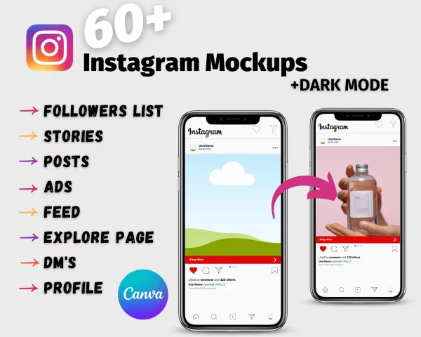 Instagram Mockups Instagram Templates Canva customizable Profile Feed Story Ads Explore Page DM's Followers List Grid Templates