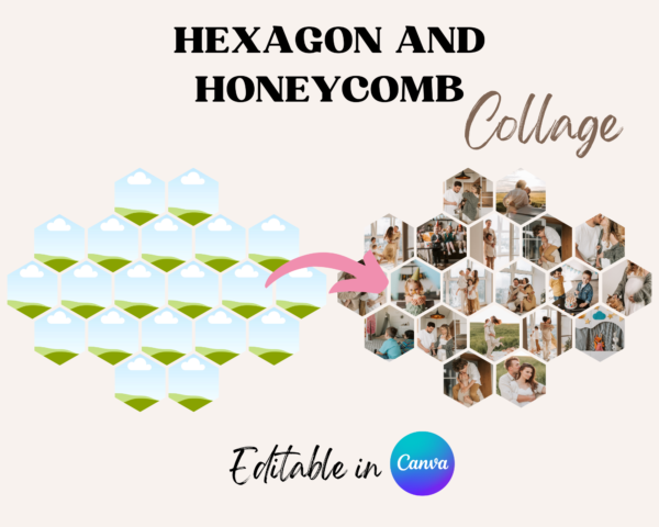 Hexagon and Honeycomb Photo Frames customizable with Canva, Photo Collage Honeycomb and Hexagon Canva Frames
