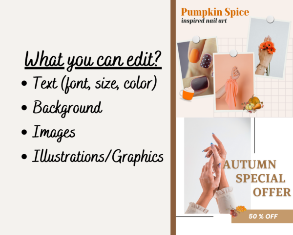 How to edit fall autumn canva nail salon template nail tech nail instagram post instagram story fall autumn nail art template Manicure templates graphics nail salons Beauty templates Nail salon branding Nail salon templates Nail salon instagram template nail art editable instagram fall autumn instagram stickers