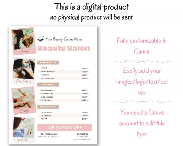 FREE Beauty Salon Flyer Template editable Canva, Flyer Nail, Hairdresser, Hairstylists, Beautician