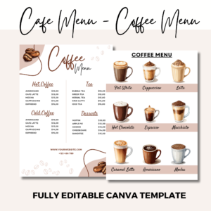 Coffee Menu Template, Coffee Shop Menu Template, Cafe Menu, Price List, Coffeehouse, Digital Instant Download, Canva Editable Menu | Modern Business