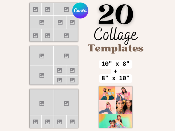 Picture Collage Templates Canva, 20 Editable Image Collage Frames Photo Collage, Grid, Instant Download drag & drop, 10x8 and 8x10