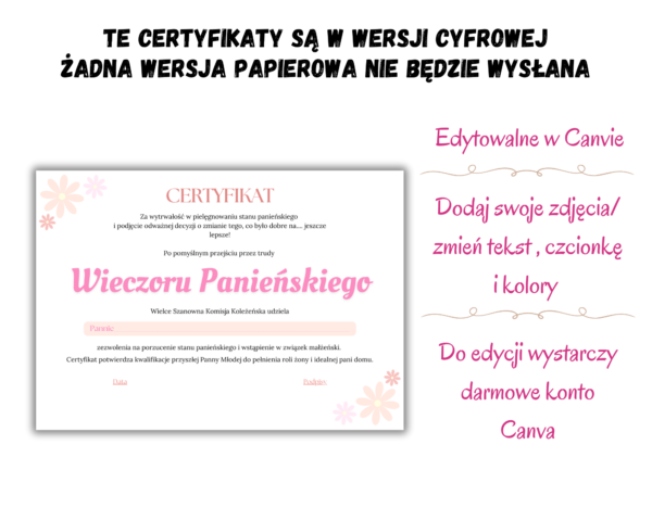 Szablon certyfikatu wieczoru panieńskiego do edycji w Canvie | Edytowalny certyfikat panieński, Po Polsku Wieczór Panieński Dyplom Panieński