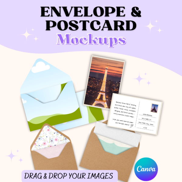 Create personalized postcards, invitations, and birthday cards effortlessly with our versatile Envelope Template Mockup Canva. Elevate your designs with customizable postcard frames and envelope liners. Perfect for DIY card making and digital creations. Download now and unleash your creativity!