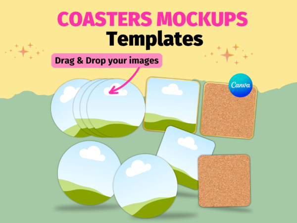 Coaster Mockup Canva Template, Custom Coaster Mockup, Round Coaster, Square Coaster, Sublimation Coaster Template, Digital, Editable, DIY