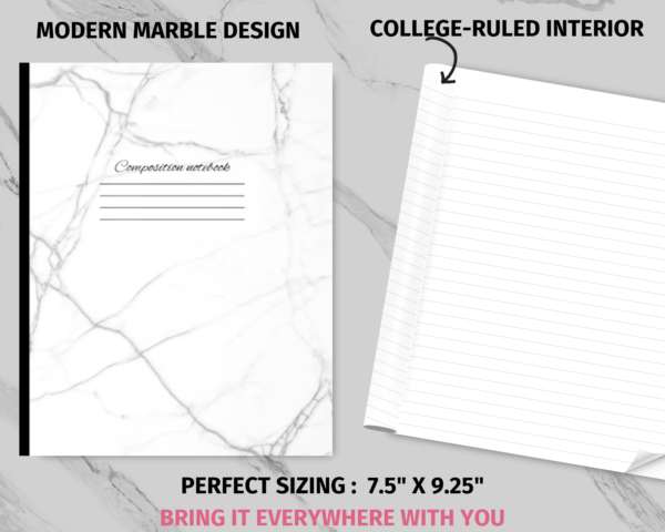 Marble Composition Notebook : Elegant White Marble Notebook: For School College Work Journaling Notes, College Ruled , 7.5 x 9.25, Elegant Marble Cover